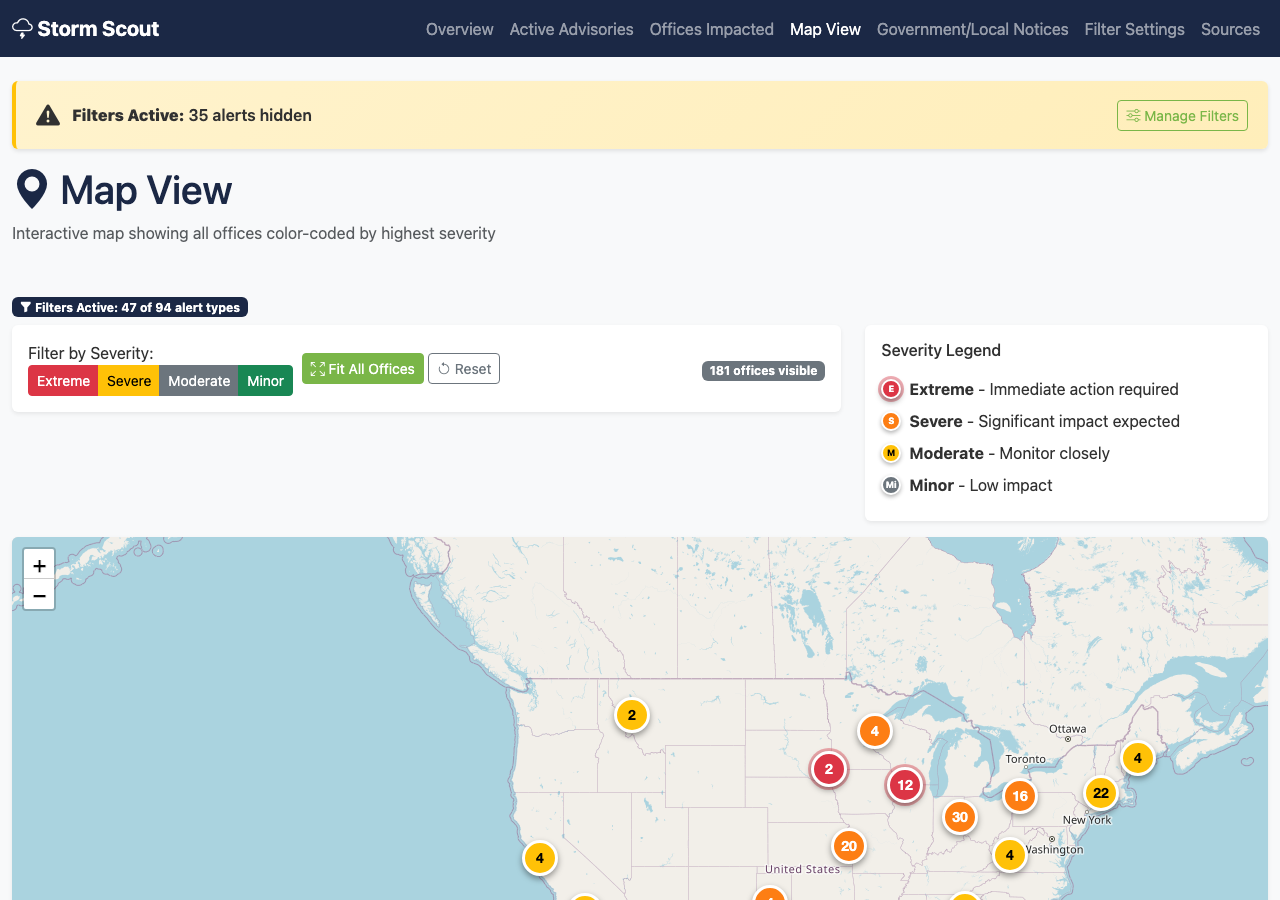 Storm Scout interactive map with severity-colored office markers