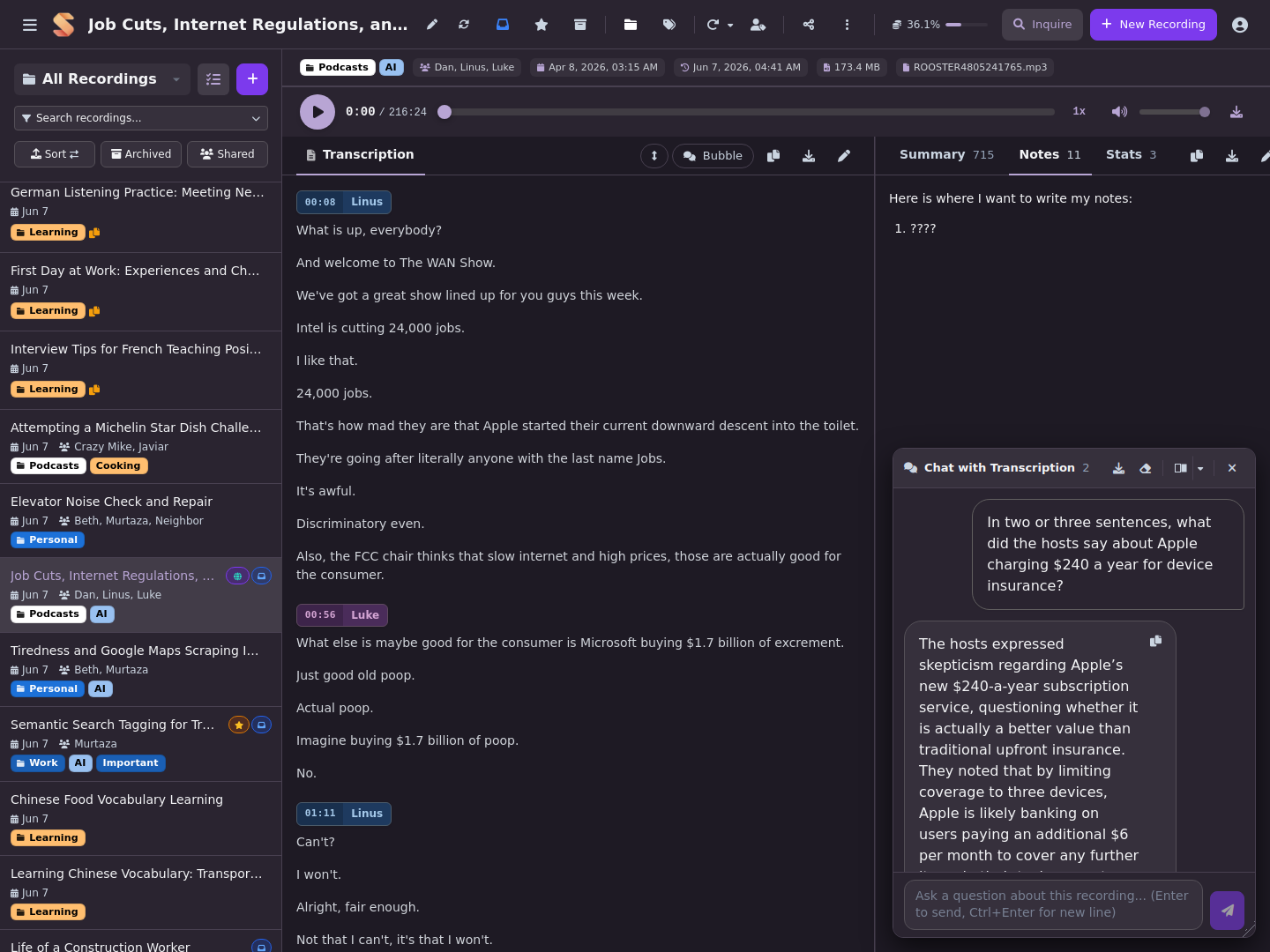 Main view with chat and notes