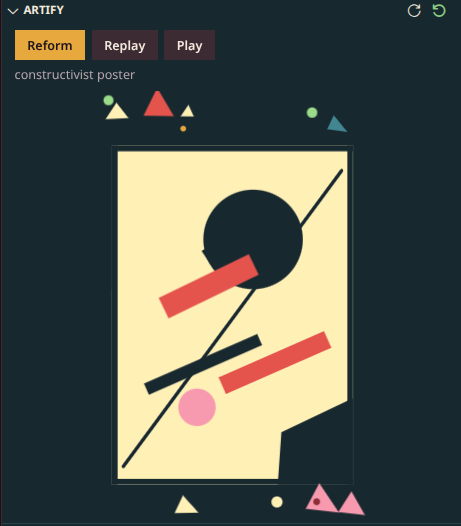 The Artify view in the Explorer showing a constructivist poster with Reform, Replay and Play buttons