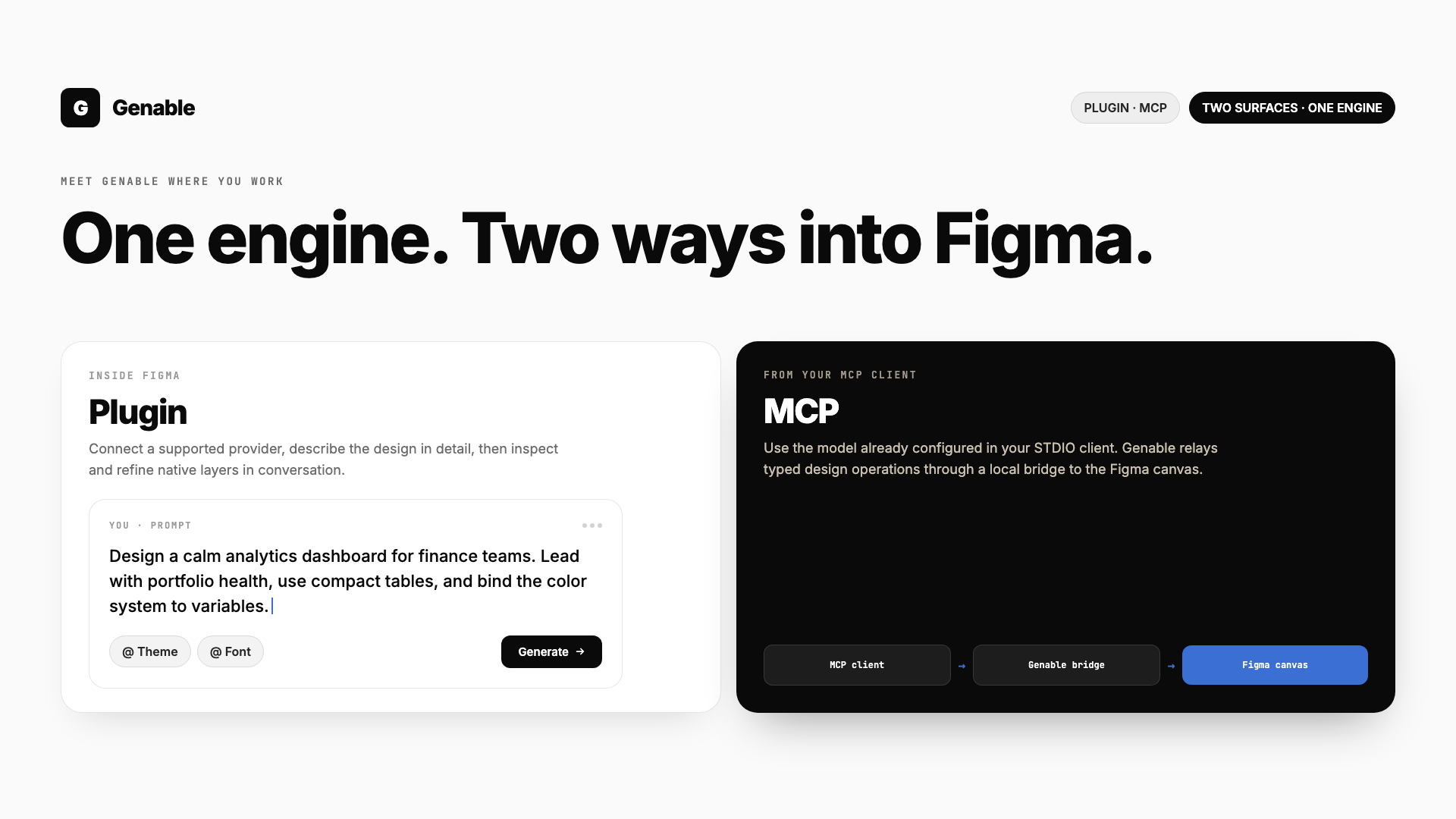 Use Genable through the Figma plugin or an MCP client