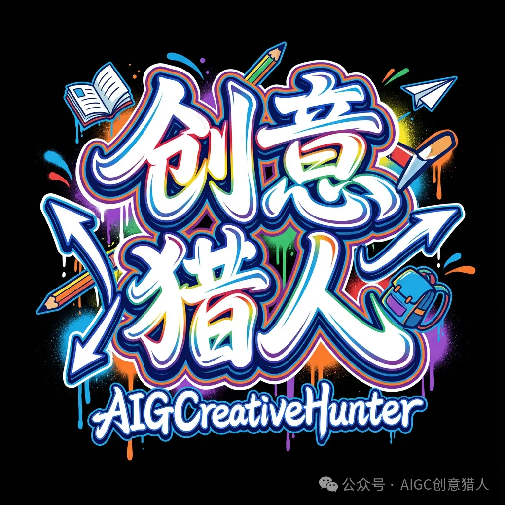 一幅展示街头涂鸦风格的字体设计,大字‘创意猎人’与小字‘AIGCreativeHunter’,字体夸张变形,具有强烈的粗细对比和不规则切割效果,背景为纯黑色,装饰有蓝色渐变线条和开学季元素的抽象点缀。