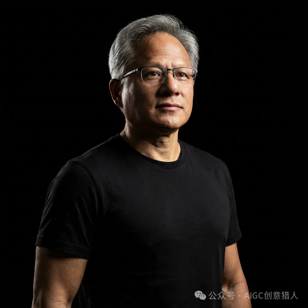 一位穿着黑色T恤的人物在黑色背景前拍摄的半身肖像,采用侧光照明。