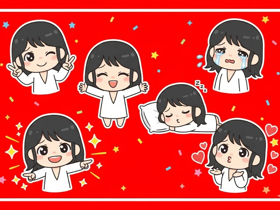 A cute chibi character making a peace sign with both hands and winking, displaying tearful eyes and trembling lips. They are lying on their side asleep with a tiny pillow, a warm smile on their face. The character is pointing confidently, surrounded by shining visual effects. Heart symbols float around as they blow a kiss. The background is vibrant red with colorful confetti elements, and there is clean white space around the character.