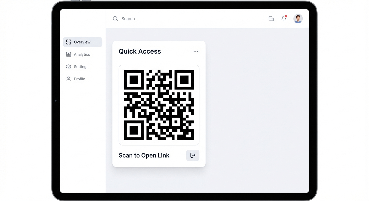 Modern web app mockup UI featuring a prominent scannable QR code linking to google.com.