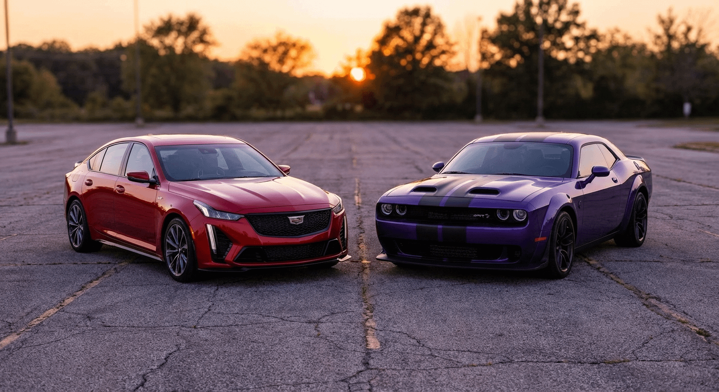 Radiant red CT5-V Blackwing and gloss purple Hellcat parked side by side in an empty lot at evening.