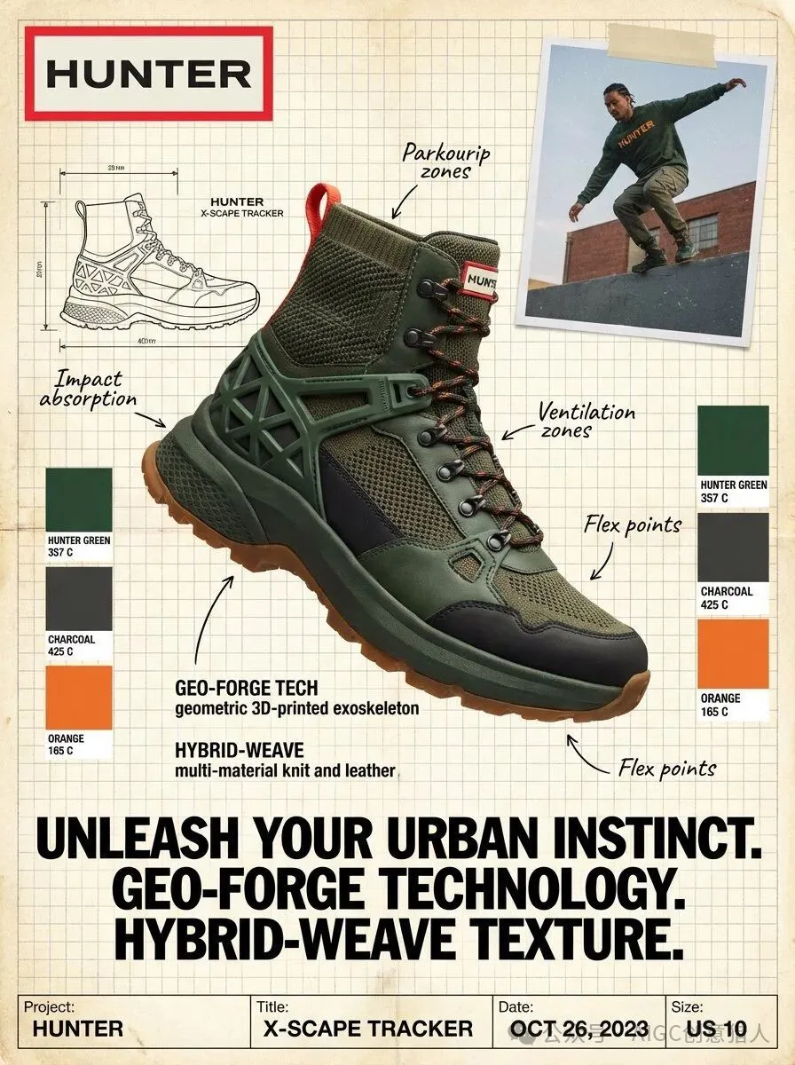 一双高端鞋靴以动态透视形式展示在方格纸背景上,旁边附有技术草图和手写注释。角落里是一张运动中的品牌服装的真实照片,搭配街头时尚。产品口号以粗体排版突出显示,布局中包含产品规格标签和品牌色彩参考。产品口号以粗体排版突出显示,布局中包含产品规格标签和品牌色彩参考。