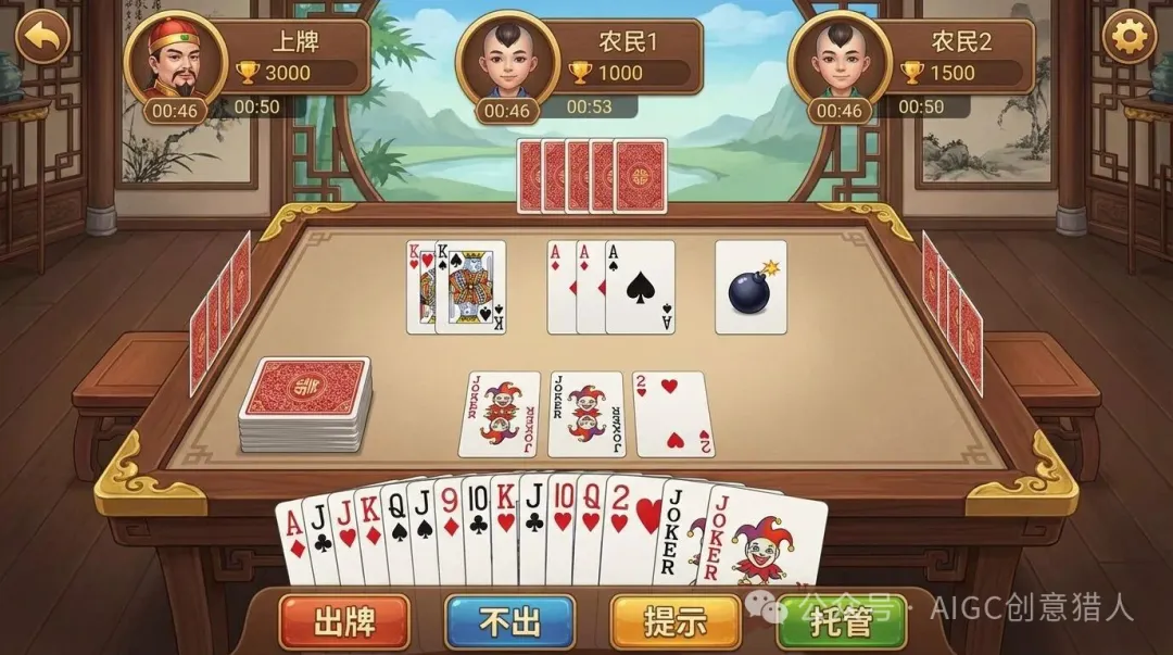 一个斗地主游戏的用户界面,显示牌桌、玩家手牌和游戏操作按钮