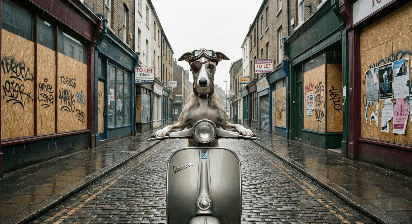 A whippet wearing an eye patch rides a moped down a UK street lined with boarded-up shops.