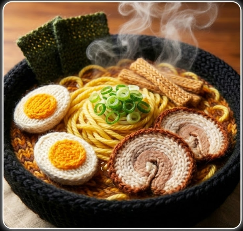 A detailed close-up of a food item made entirely from knitted wool yarn, showcasing the fuzzy texture and intricate stitching patterns under realistic lighting.