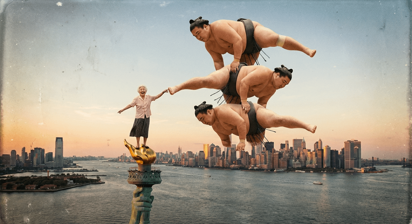 Cartoony scene of an old lady atop the Statue of Liberty balancing three stacked sumo wrestlers on her pinky.