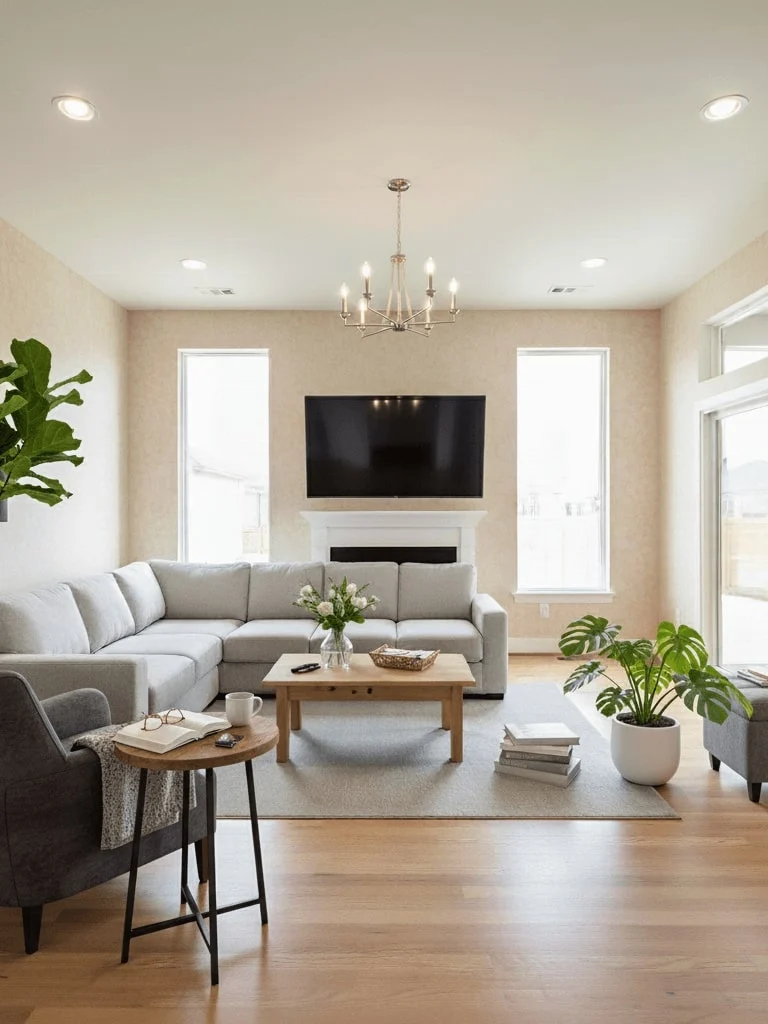 A living room scene evolved in two steps from the reference images, first adding a gray sofa and wooden coffee table, then enriching the space with more furniture, daily items, and warmer wallpaper.