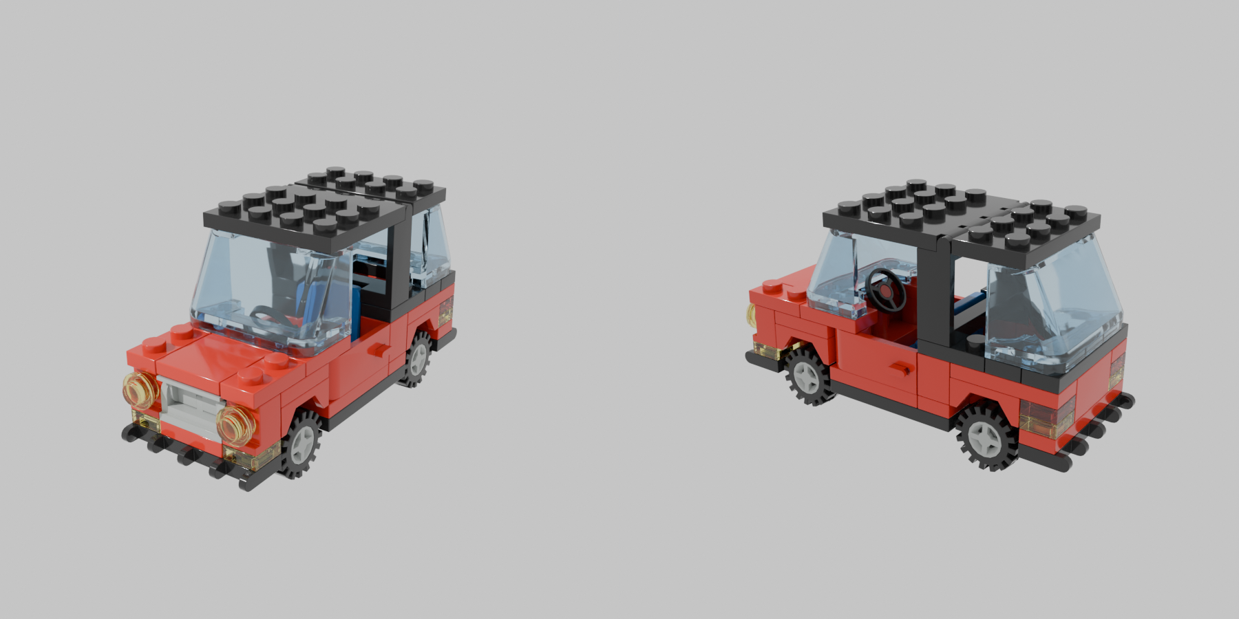 Two rendered views of a red LEGO car — real studs, transparent glass, rubber tires, steering wheel