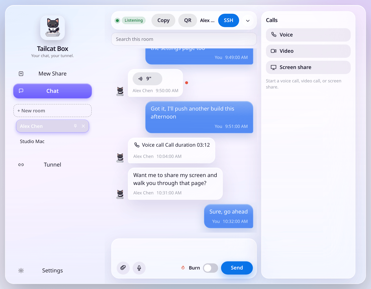 Chat room with text, voice notes, and a call record