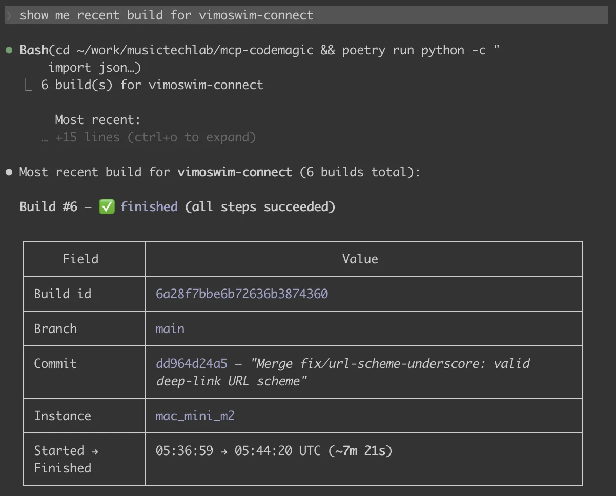 Recent Codemagic build status rendered in Claude Code