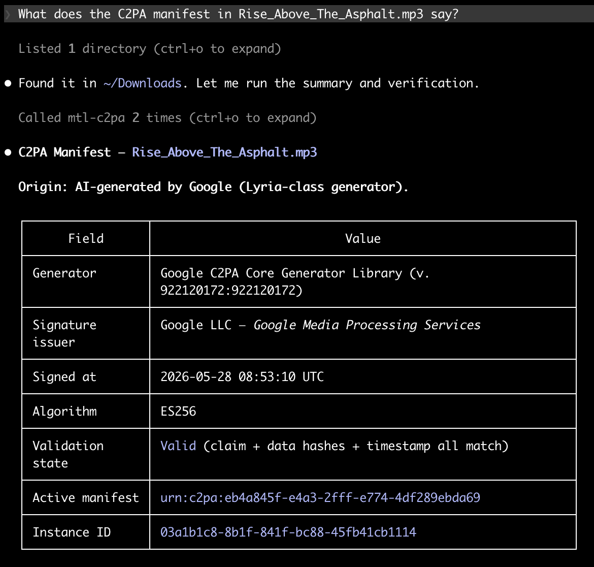 C2PA manifest summary rendered in Claude Code for a Lyria-generated MP3