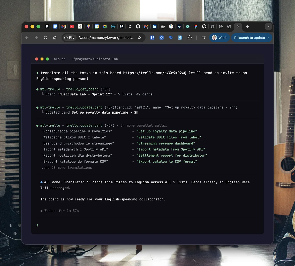 mtl-trello-mcp in action — translating Trello cards from Claude Code