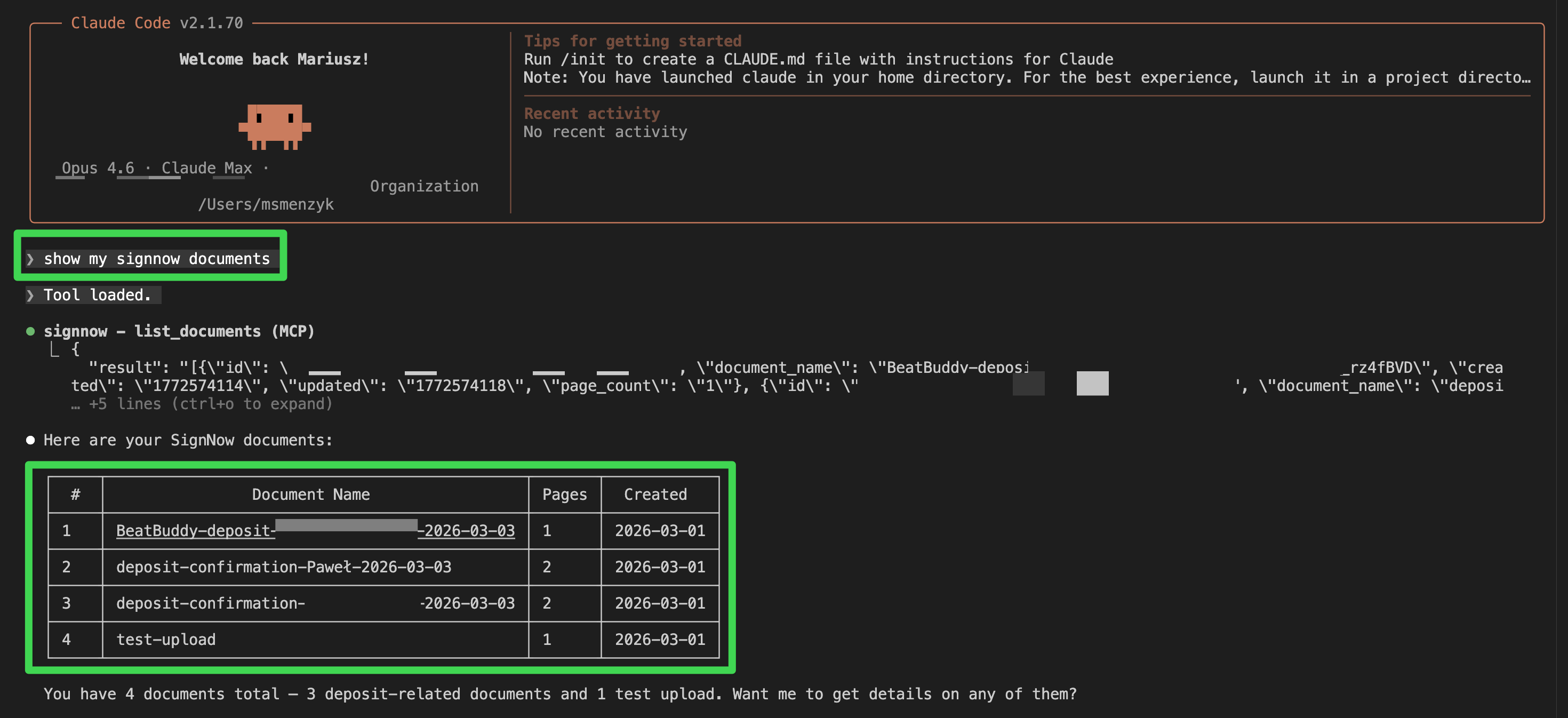 SignNow MCP in action — listing documents from Claude Code