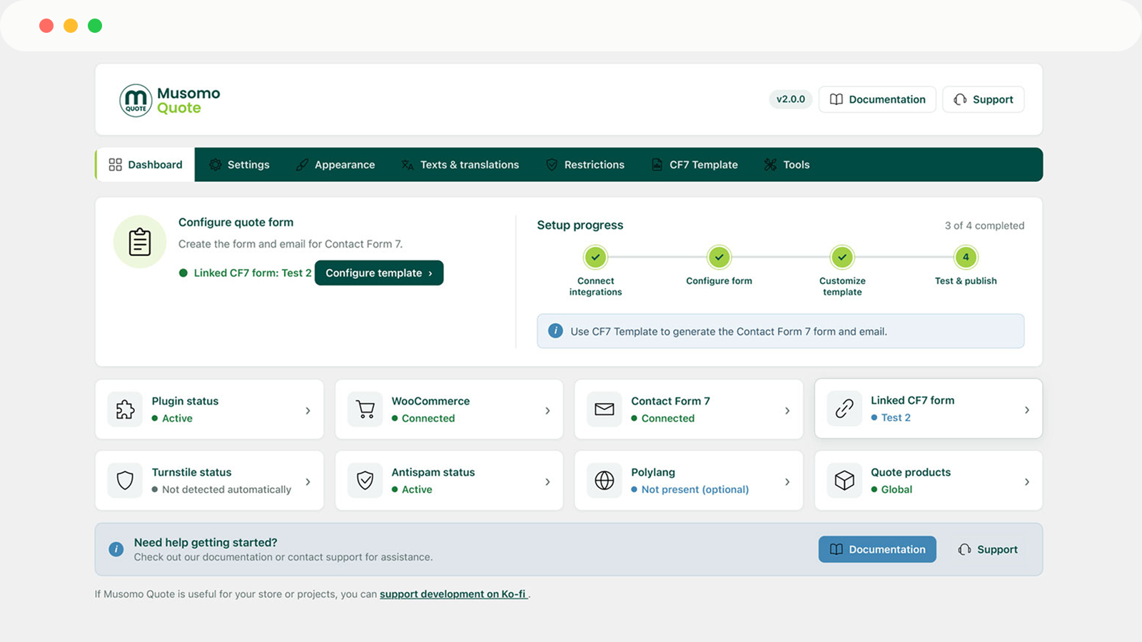 Musomo Quote WordPress dashboard