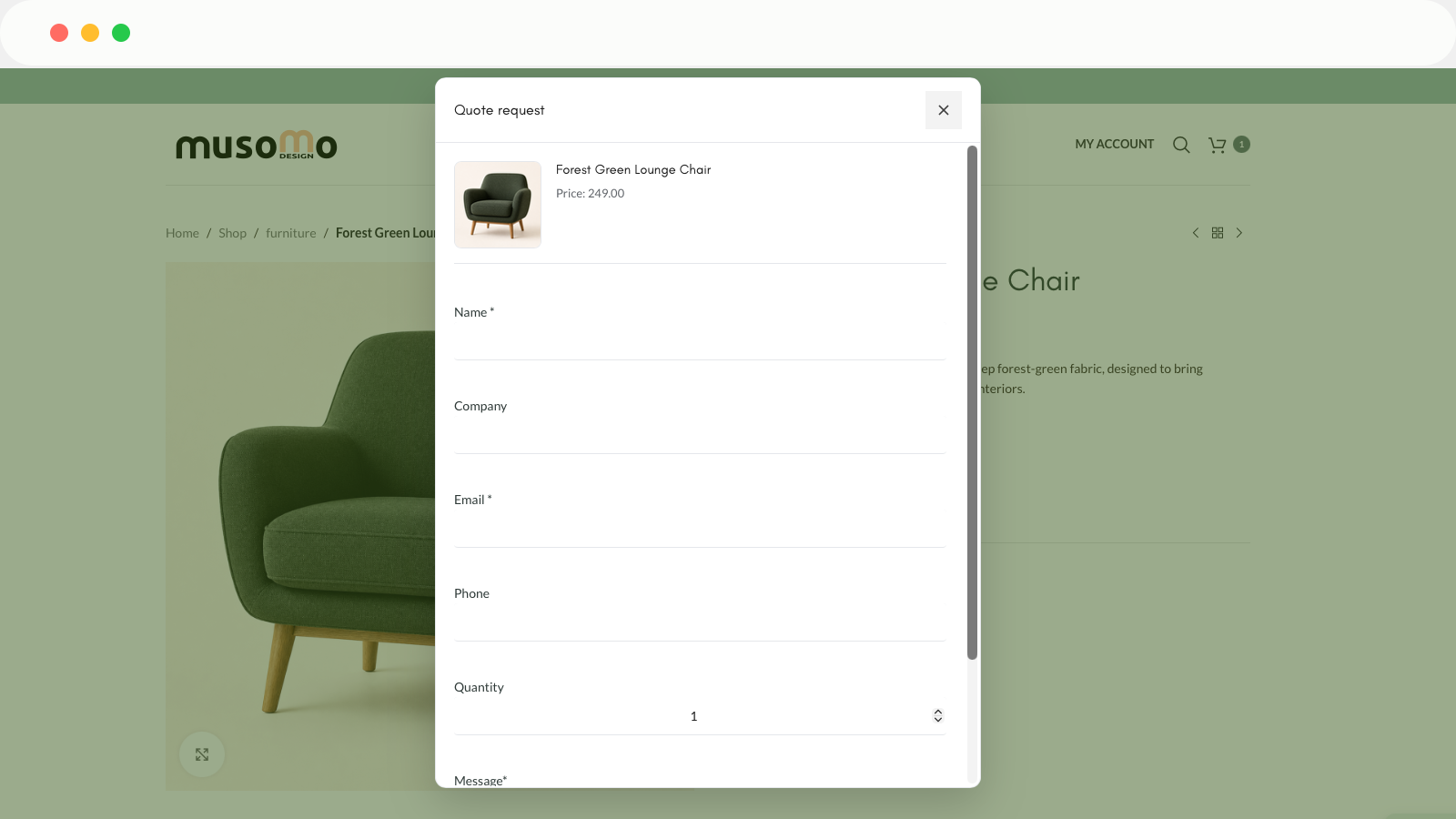 Musomo Quote product-aware request modal