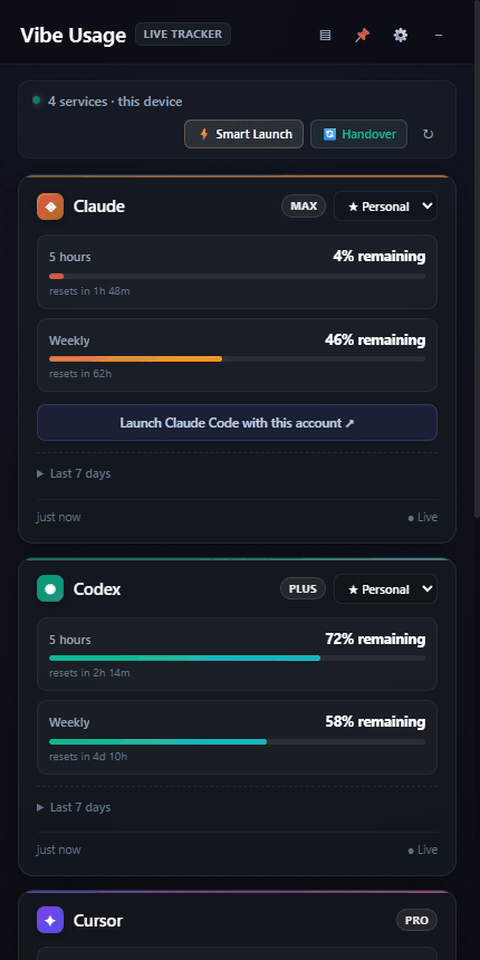 Vibe Usage walkthrough: switching accounts, every account side by side, the compact view, Smart Launch and Handover