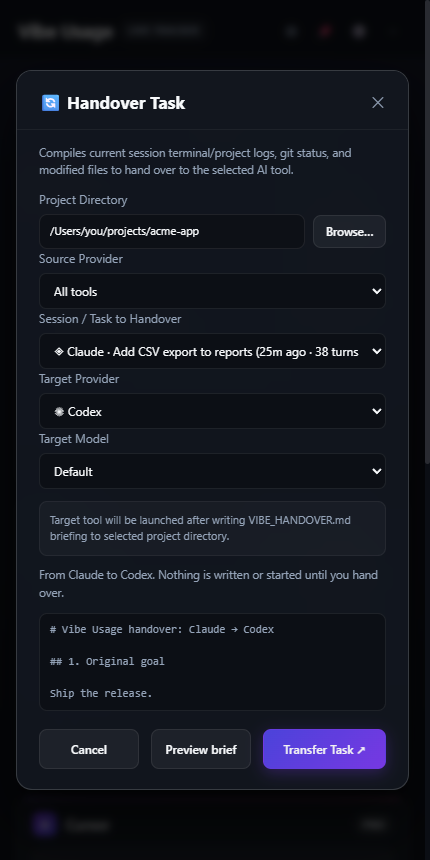 Handover dialog moving a Claude session to Codex