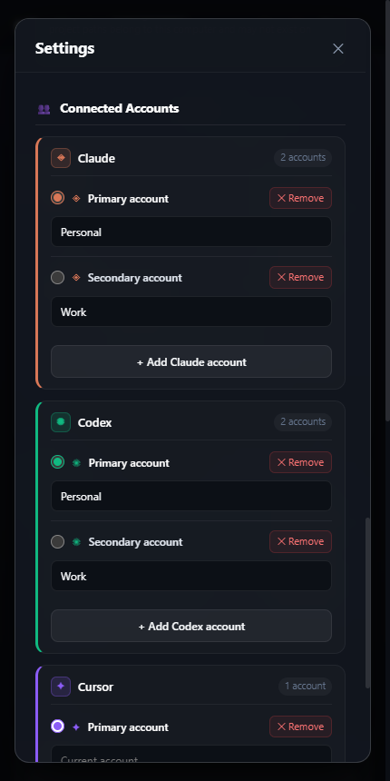 Settings: connected accounts, two each for Claude and Codex