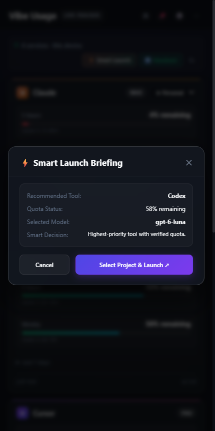 Smart Launch recommending Codex because Claude's 5-hour limit is nearly spent