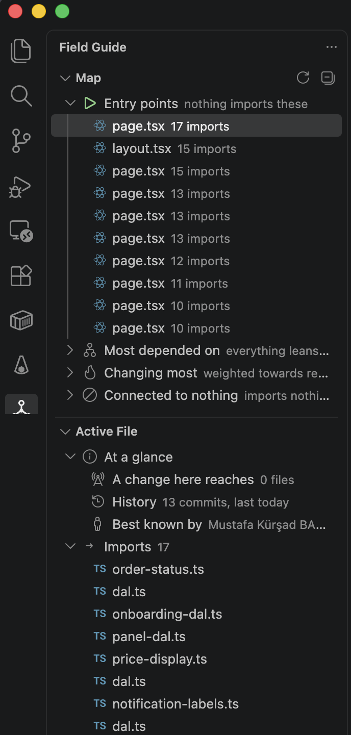 The Field Guide view in the sidebar: a Map section listing the repository's entry points, and an Active File section showing what the open file imports, how far a change to it reaches, and who knows it best