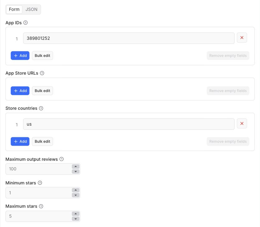 App Store Reviews Scraper input form with app ID, storefront country, maximum review count and star rating filters