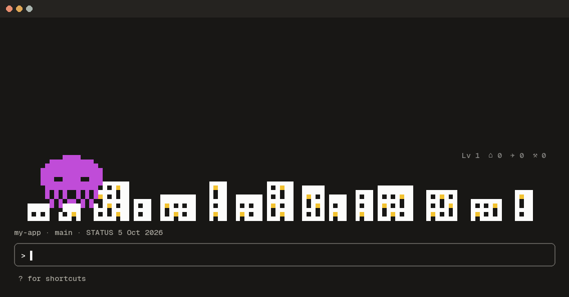 Octo Invader in a terminal: a pixel octopus smashes a city above the prompt while Claude edits, commits and merges