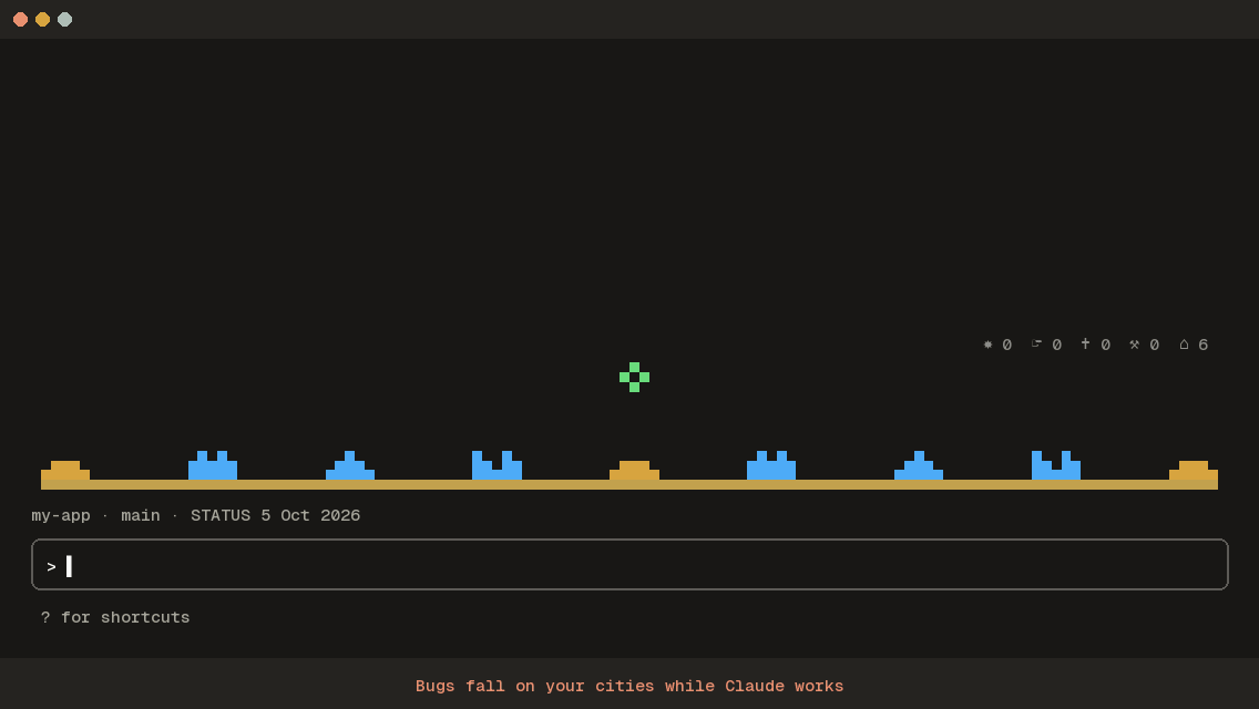 Bug Command in a terminal: a failed test drops a fast bug and you click the sky to shoot it down, a bug gets through and a city falls, the tests going green fire a salvo that rebuilds it, and a commit is a sure hit