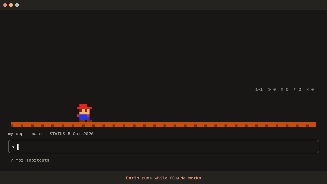 Dario in a terminal: tool calls bring ? blocks and coins, a failing test sends a bug that knocks into Dario, green tests are a course clear at the flag pole, a commit stomps a bug and a merge is a world clear with fireworks