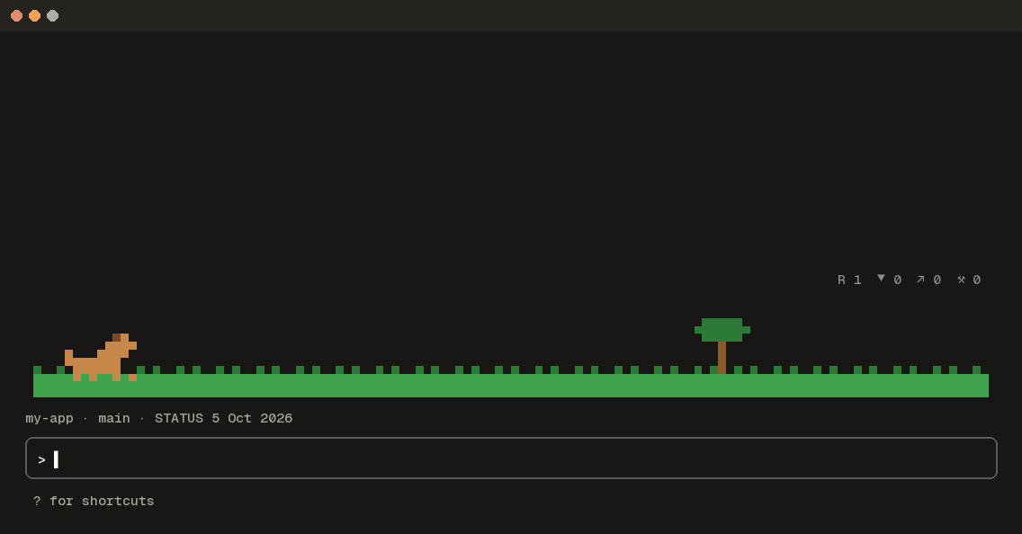Duck Hunt in a terminal: a test fails and the dog laughs, the tests go green for a double, a commit shoots a duck, a merge is a perfect round