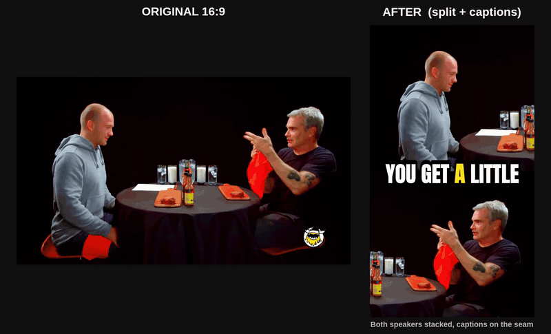Your podcast, and the vertical clip OpenShorts makes of it: both speakers stacked, captions on the seam