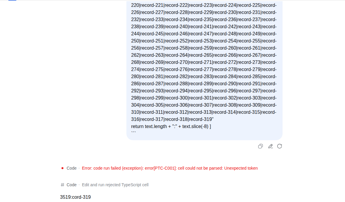 A rejected long TypeScript cell repaired and executed with edit_run_code