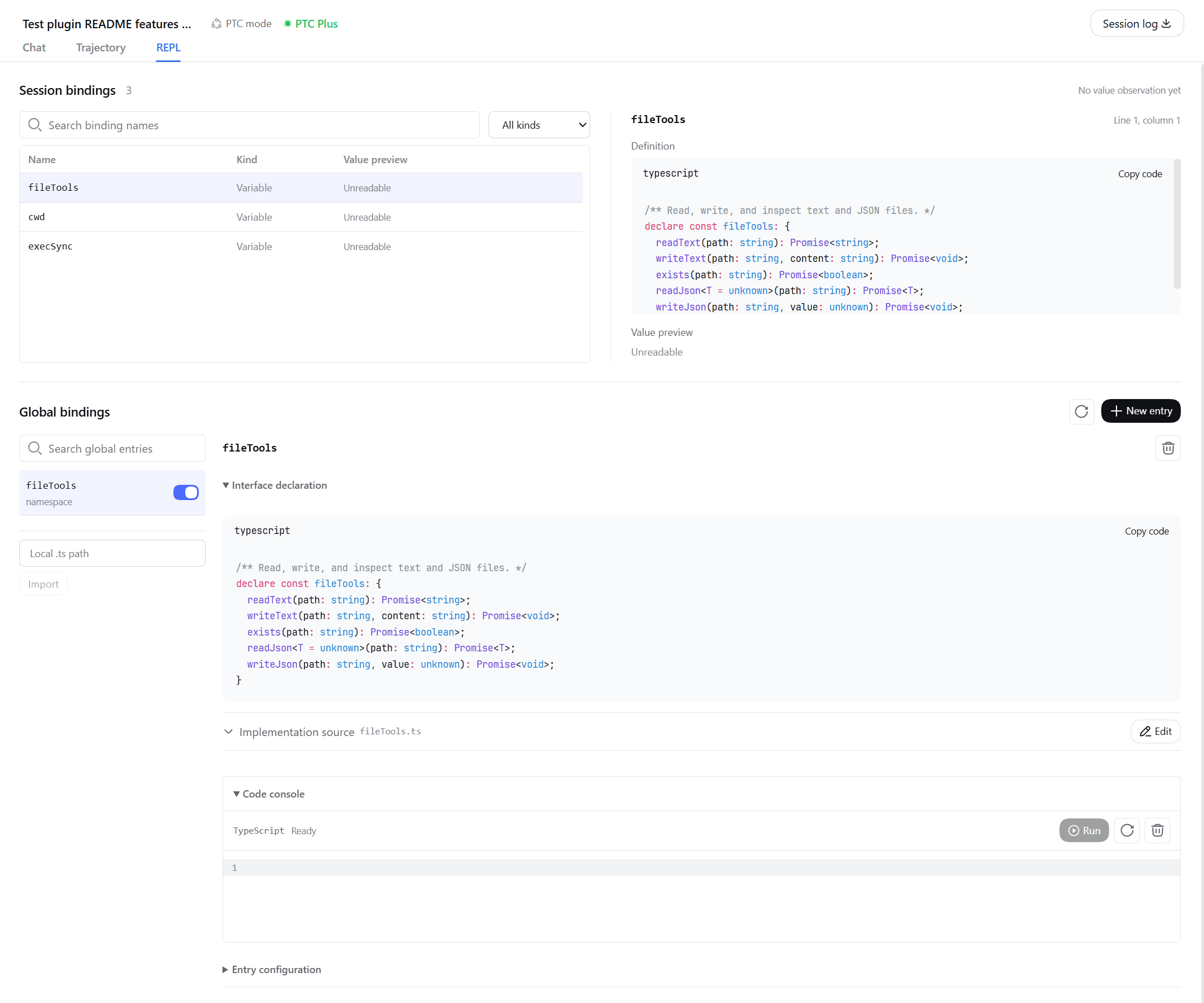 REPL workspace with session inspection and global binding management