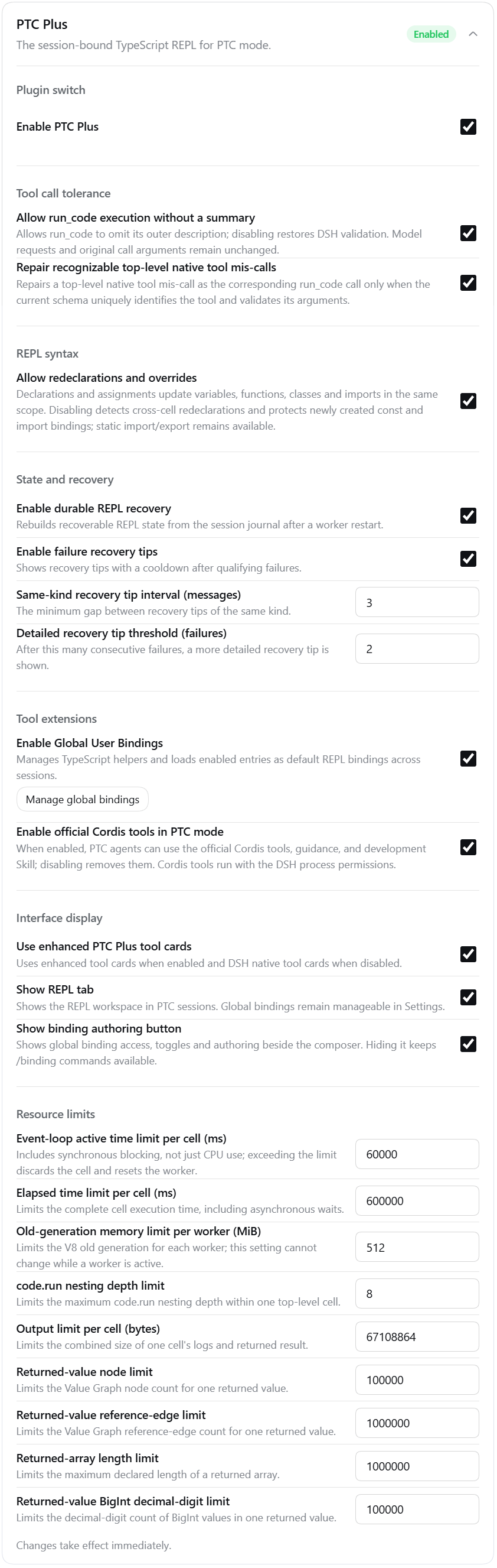 PTC Plus settings card