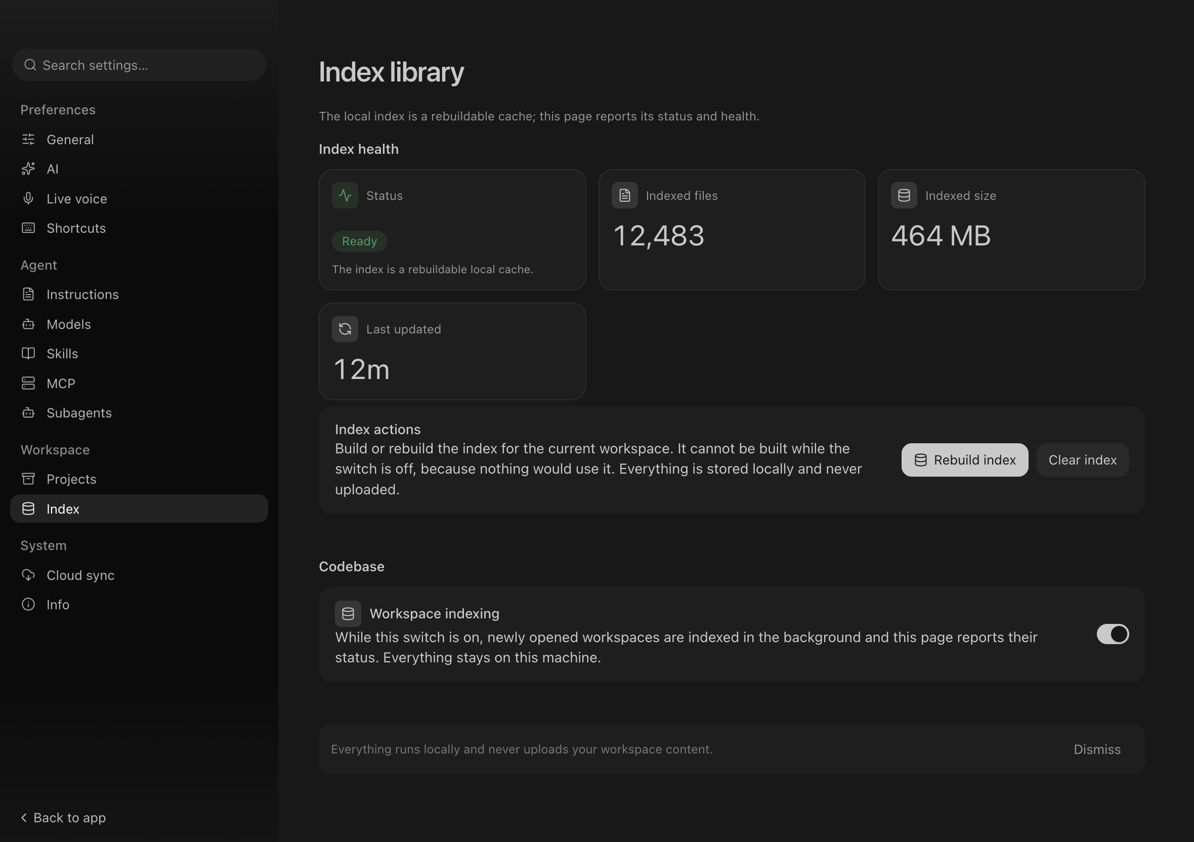 Workspace index settings page