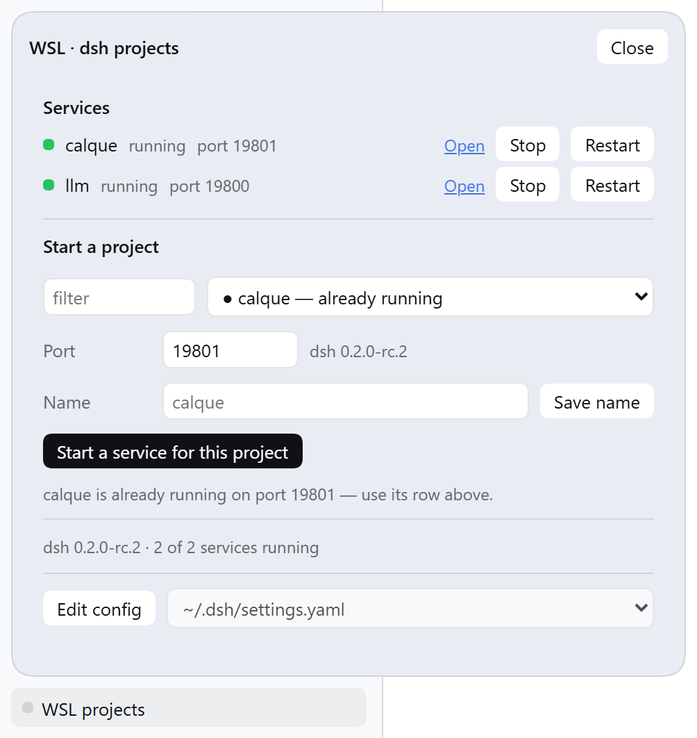 The WSL projects panel, opened from the sidebar foot: services with their state, port and controls, and the form that starts a project