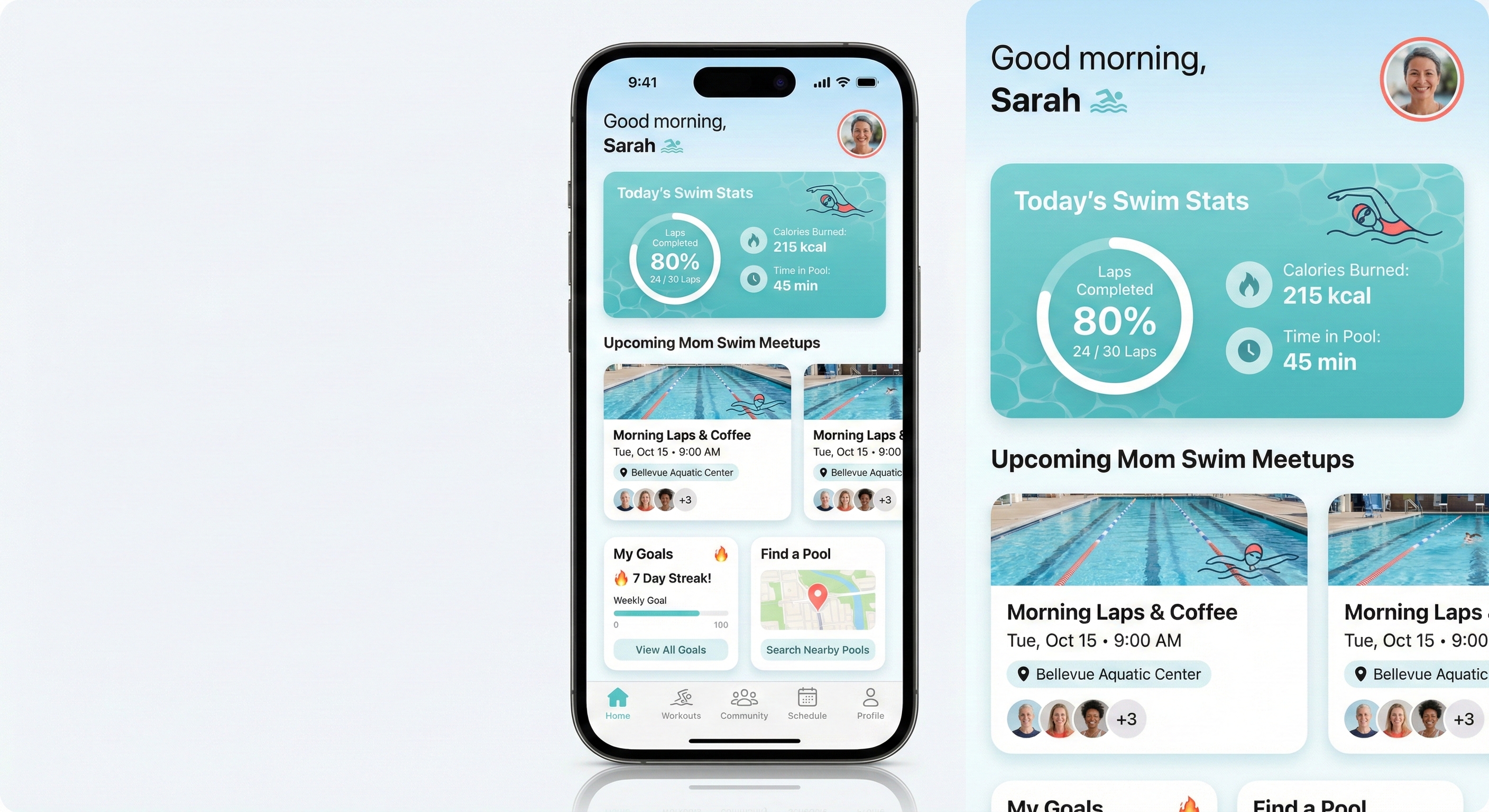 SwimMom iOS app mockup