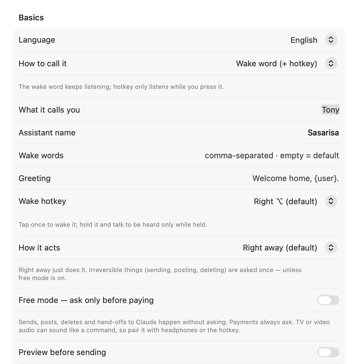 Settings window