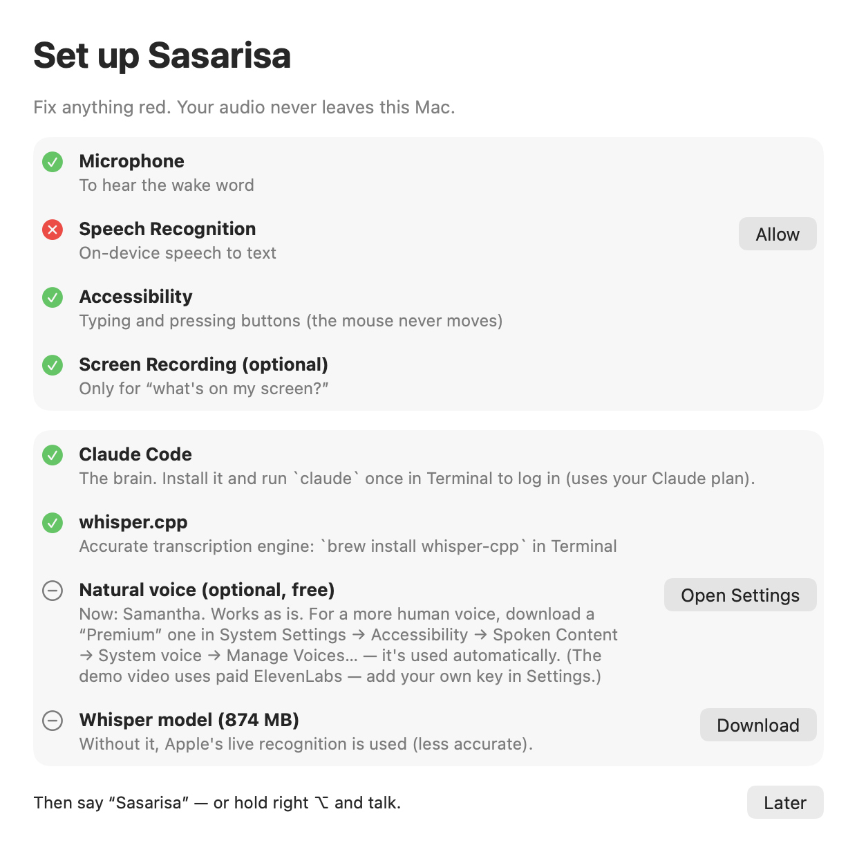 Setup window: permissions and dependencies with live checkmarks