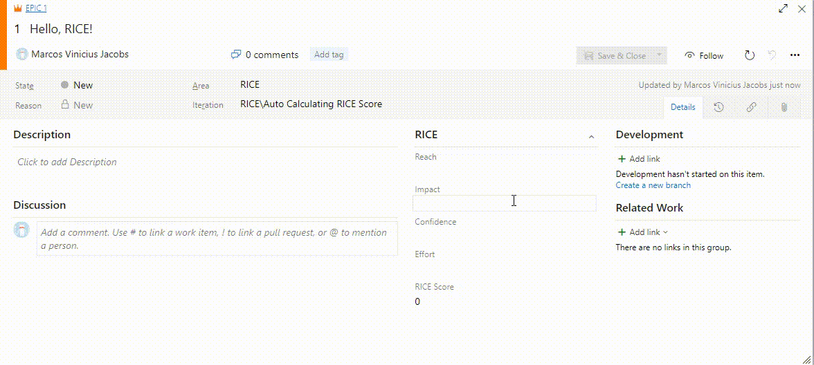 RICE is automatically updated on the work item form