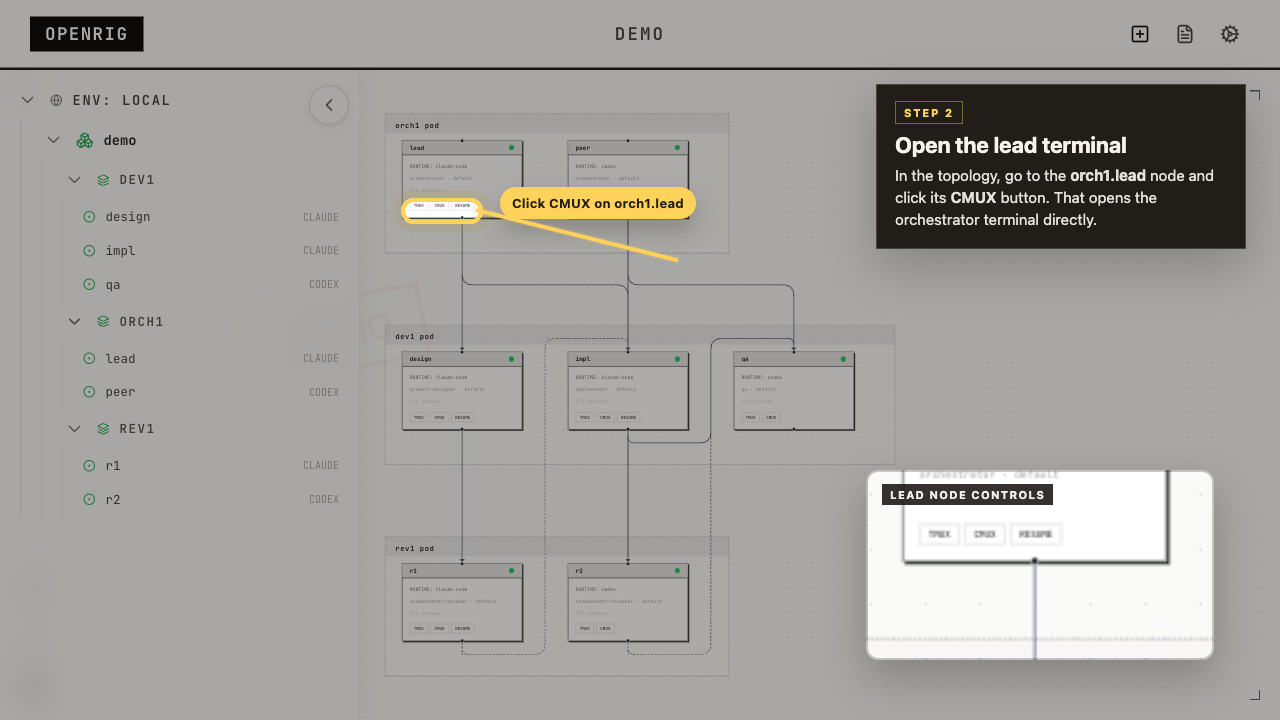 Step 2: Click CMUX on orch1.lead in the topology.