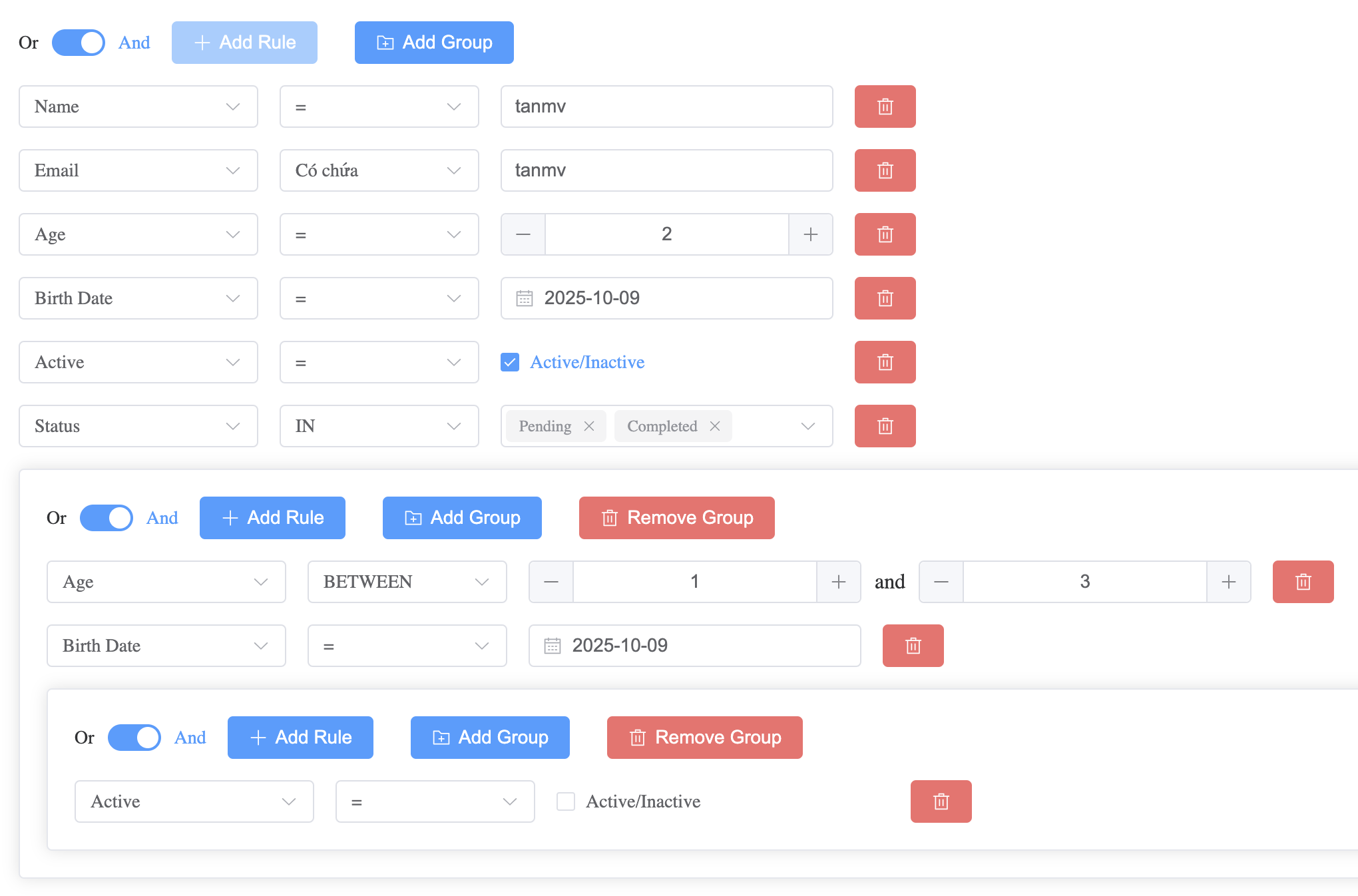 Vue 3 QueryBuilder Screenshot