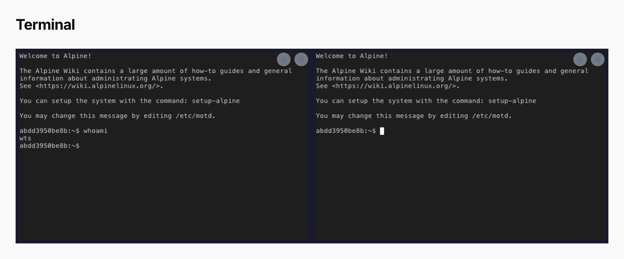 Two flush side-by-side terminals in a TerminalGrid, each an isolated SSH session