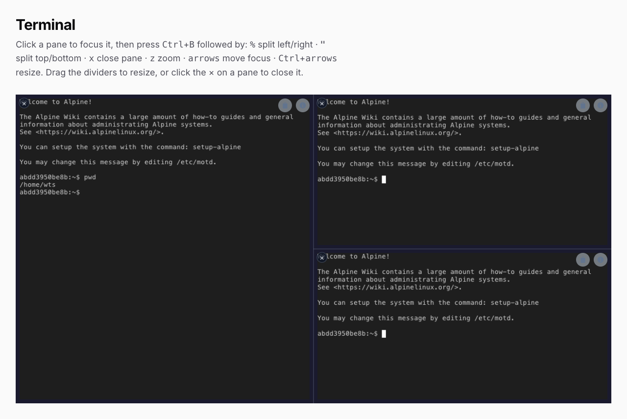 A TerminalWorkspace split into three live panes with tmux-style shortcuts