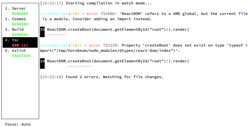 A screenshot of Mintaka, showing a list of processes down the left-hand side with tsc highlighted, and the output of tsc on the right-hand side 