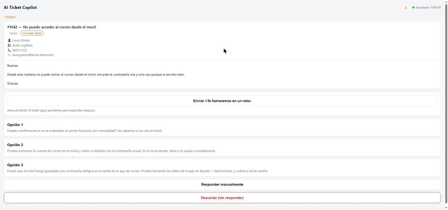 Ticket detail with suggested replies and manual response controls
