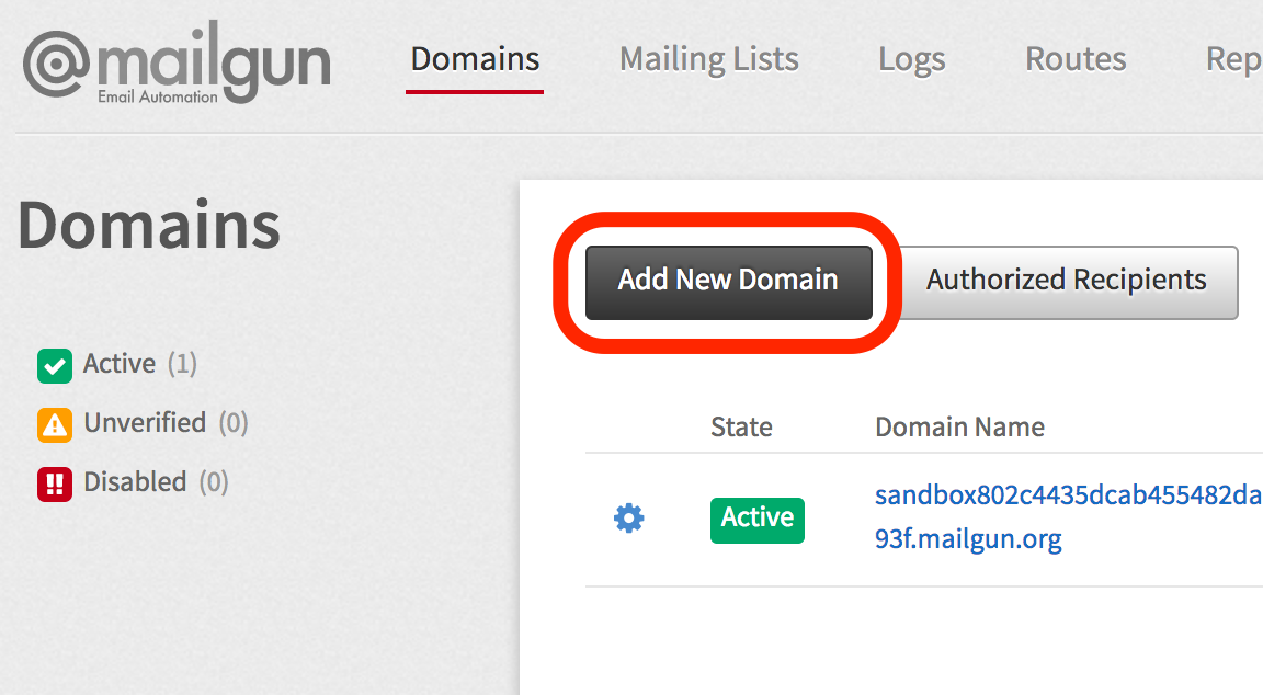 Mailgun Add Domain Button Screenshot
